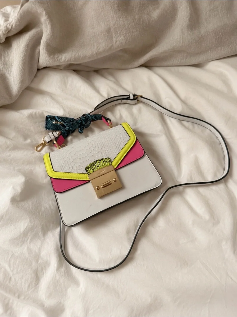 Aldo White Satchel with Neon Yellow, Hot Pink & Blue Snake-Print Accents